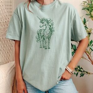 Ornate Horn Mythical Horse Graphic Tee Intricate Line Art Design